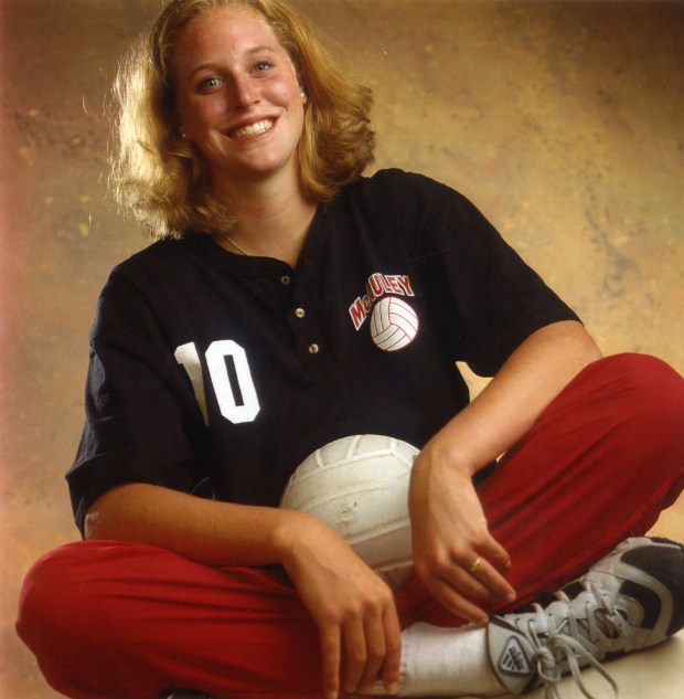 Mother McAuley high school volleyball standout Katie Schumacher on Aug. 20, 1996. (Bob Fila/Chicago Tribune)