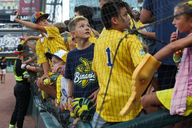 Fans watch pregame activities before a game between the Savannah Bananas and Firefighters on Aug. 15, 2025, at Rate Field. (John J. Kim/Chicago Tribune)