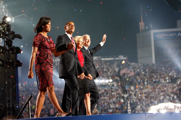 Sen. Barack Obama walks out with his wife, Michelle, and Joe and Jill Biden following his acceptance speech at INVESCO Field at Mile High in Denver on Aug. 28, 2008. (Zbigniew Bzdak/Chicago Tribune)
