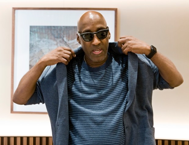 Blind fashion model Monty Rogers gets ready backstage before a fashion show with visually impaired and blind models held at CD Peacock, Aug. 7, 2025, in Oak Brook. (James C. Svehla/for the Chicago Tribune)