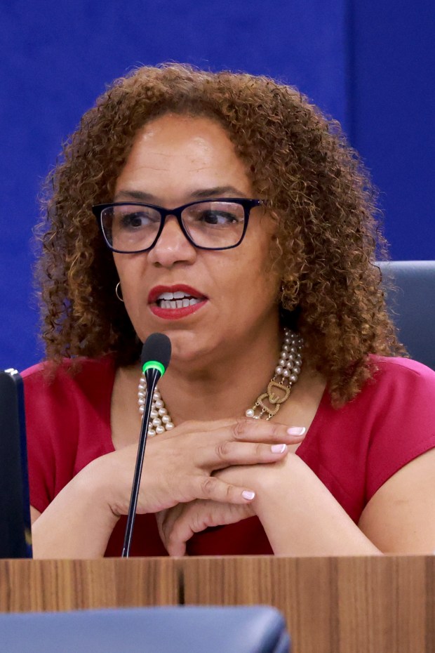 Chicago Public Schools board member Michilla Blaise speaks during a Chicago Public Schools board meeting on July 24, 2025, at the CPS headquarters. Blaise pushed back against criticism of Johnson, noting he "was an educator, and has some skin in the game" and saying she hoped legislators critical of Johnson's leadership wouldn't allow that to get in the way of moving forward. (Antonio Perez/Chicago Tribune)