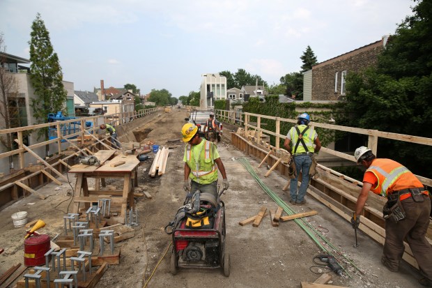 Construction continues on The 606 trail near Damen Avenue in...