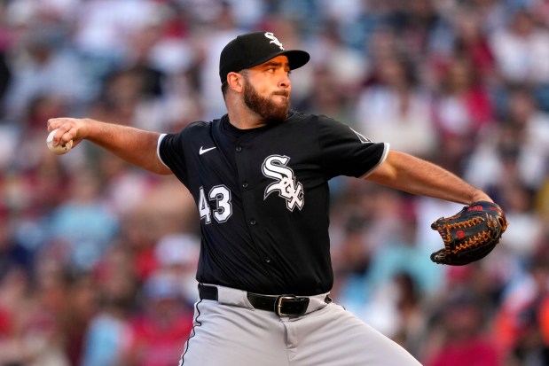 Chicago White Sox starting pitcher Aaron Civale throws to the plate during the first inning of a baseball game against the Los Angeles Angels, Saturday, Aug. 2, 2025, in Anaheim, Calif. (AP Photo/Mark J. Terrill)
