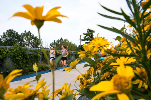 Women run The 606 Trail on July 23, 2018, in...
