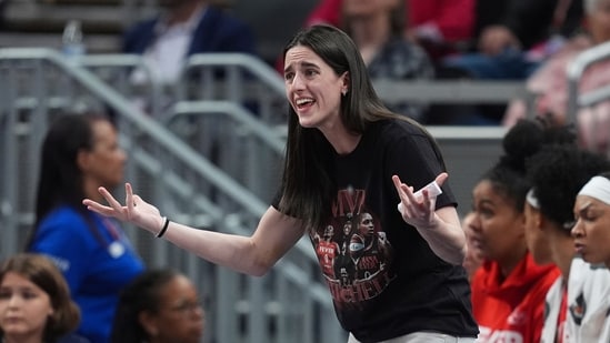 Indiana Fever's Caitlin Clark questions a call during the second half of a WNBA basketball game against the Minnesota Lynx(AP)