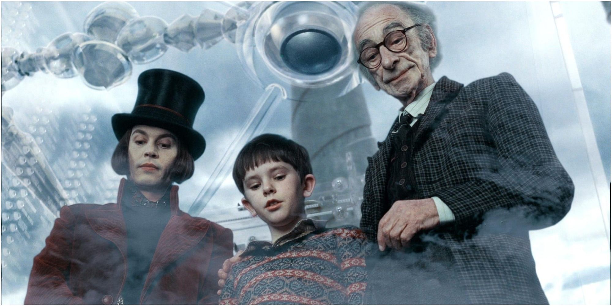 Charlie and Willy Wonka fly away in the glass elevator in Charlie and the Chocolate Factory