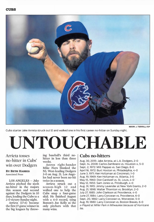Chicago Cubs pitcher Jake Arrieta threw his first no-hitter at Dodger Stadium on Aug. 30, 2015. (Chicago Tribune)