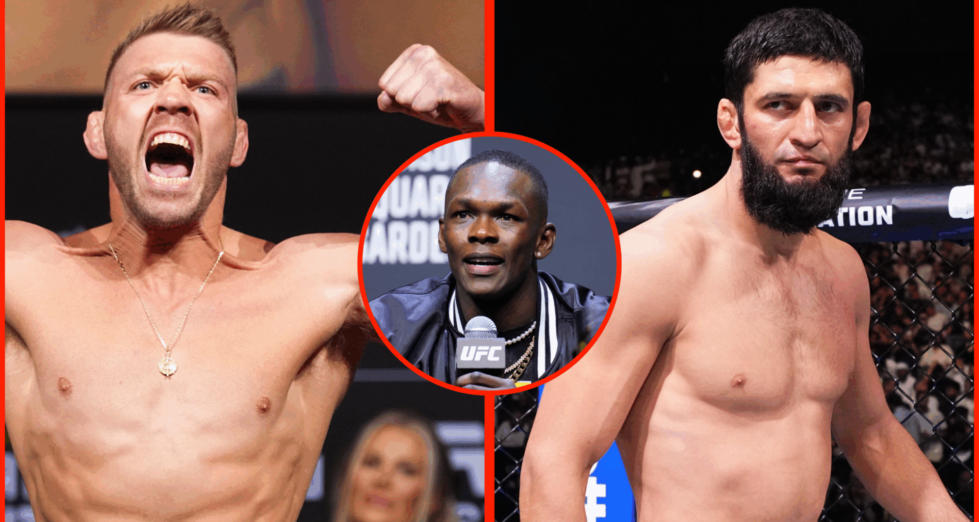 Dricus du Plessis poses on the scale at the UFC 312 ceremonial weigh-in, opposite Khamzat Chimaev in the cage at UFC 308, inset Israel Adesanya at ...