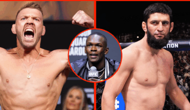 Dricus du Plessis poses on the scale at the UFC 312 ceremonial weigh-in, opposite Khamzat Chimaev in the cage at UFC 308, inset Israel Adesanya at ...