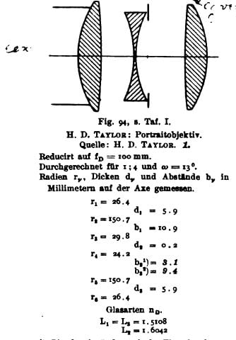 A technical diagram of a camera lens cross-section with labeled radii, thicknesses, and distances, accompanied by German text and measurements for each lens element and glass type.