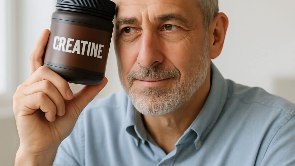Older man holding creatine jar