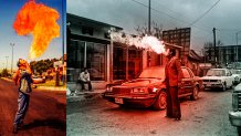 Laura Wilson, Diptych: Fire Breathers, Uruapan, Michoacán, 2005; Nuevo Laredo, Tamaulipas, 1985. Archival pigment print. © Laura Wilson. Meadows Museum, SMU 2025