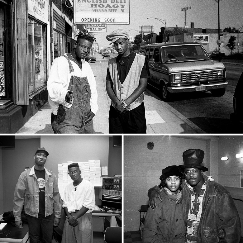 Three black-and-white photos of Taco Bops posing with notable figures in 1980s hip-hop: He stands on a sidewalk with Masta Ace, under a sandwich-shop sign and next to a van; he and KRS-One are in what looks like a studio; and he's with MC Lyte in a green room or dressing room.