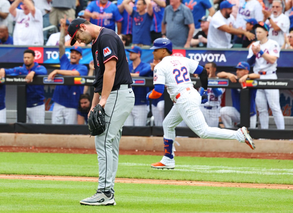 Gavin Williams looks down at the ground in the ninth inning after Juan Soto broke up his  not-hitter attempt with a solo homer in the ninth inning of the Mets' 4-1 loss to the Guardians on Aug. 6, 2025.
