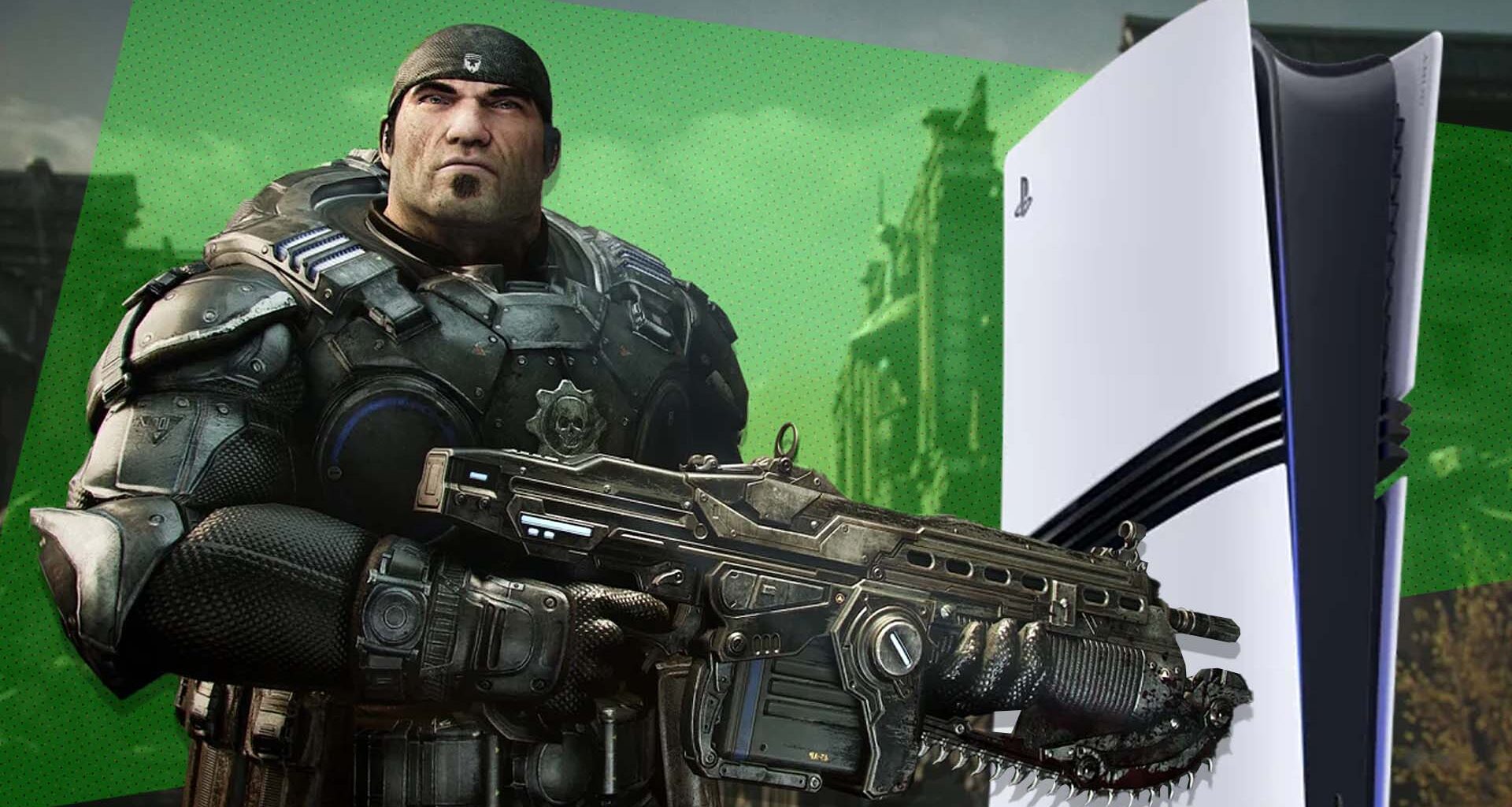 Marcus Fenix in front of a PS5 console.