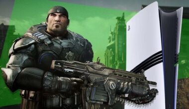 Marcus Fenix in front of a PS5 console.