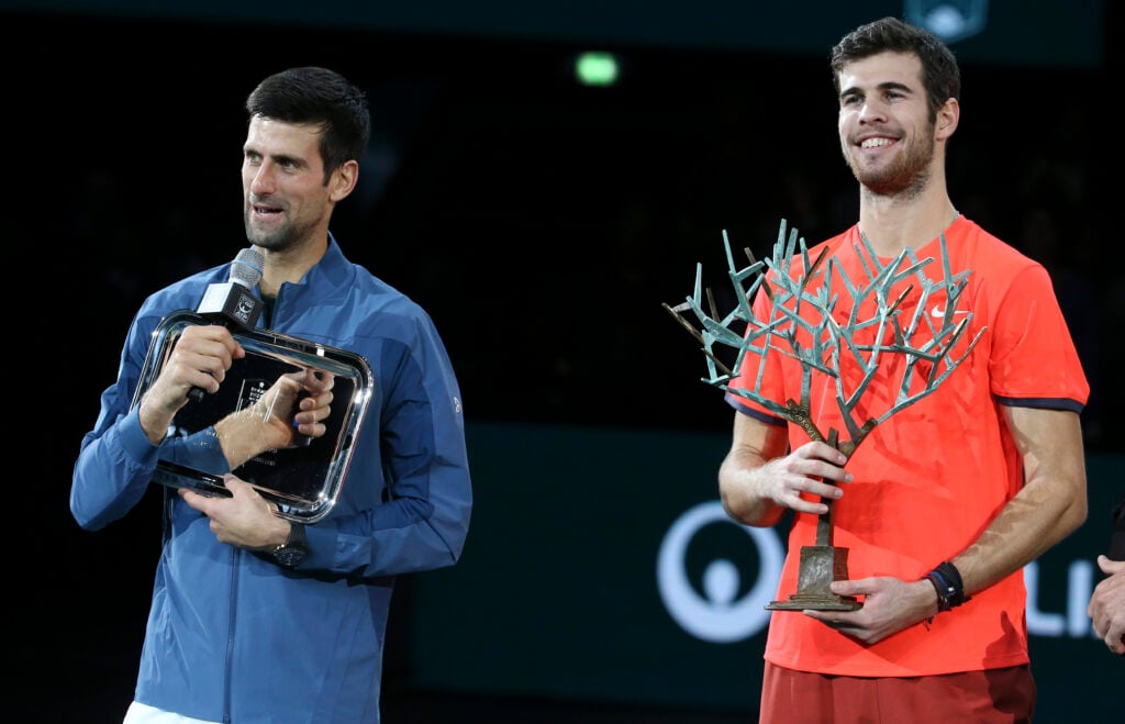 Novak Djokovic of Serbia, winner Karen Khachanov of Russia during the trophy ceremony on day 7 of the Rolex Paris Masters 2018 at the AccorHotels Arena in Bercy.