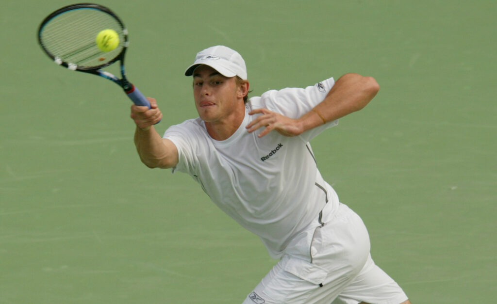 Andy Roddick of USA in action during his match against Bohdan Ulihrach of Czech Republic during day four of the Adidas International held at the Sydney International Tennis Centre in Sydney, Australia.