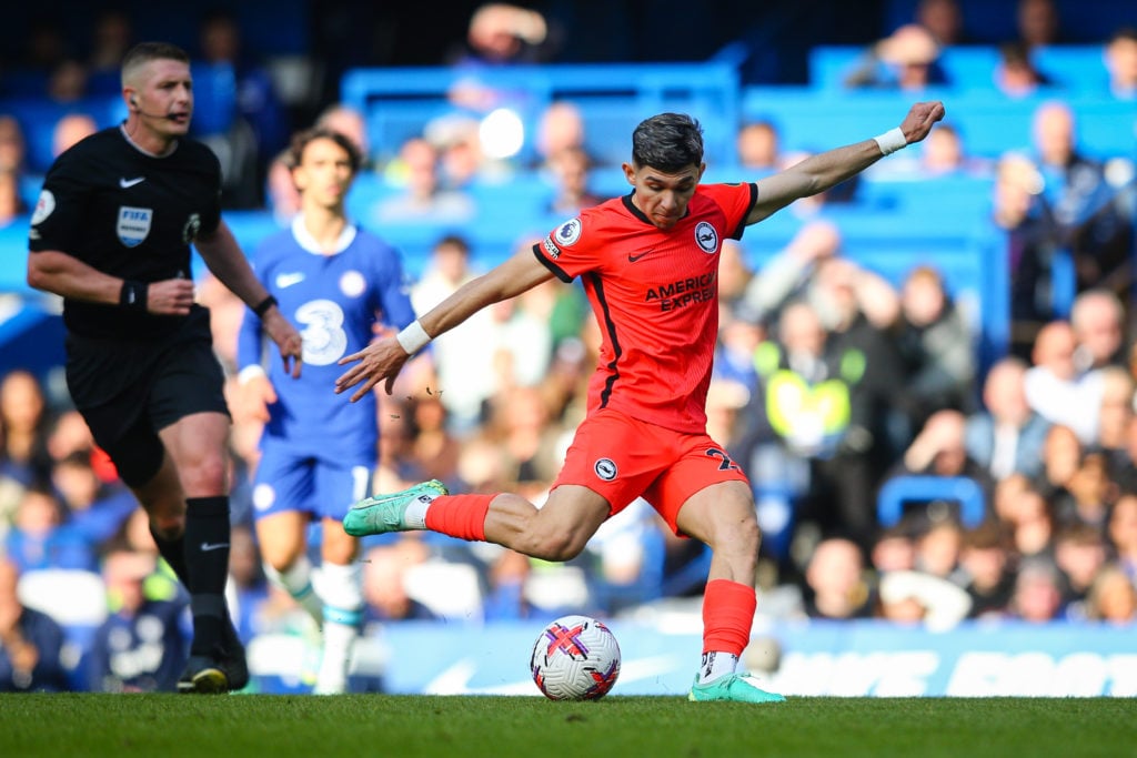 Julio Enciso of Brighton & Hove Albion scores his side's second goal against Chelsea