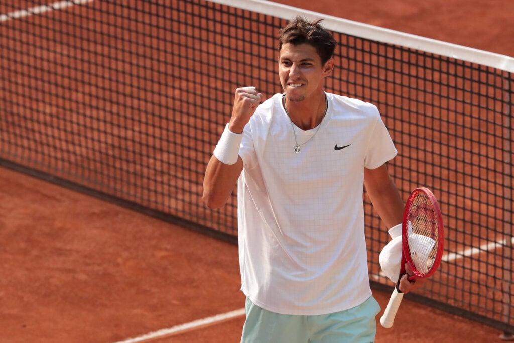 Alexei Popyrin celebrates his win over Jannik Sinner at the 2021 Madrid Open