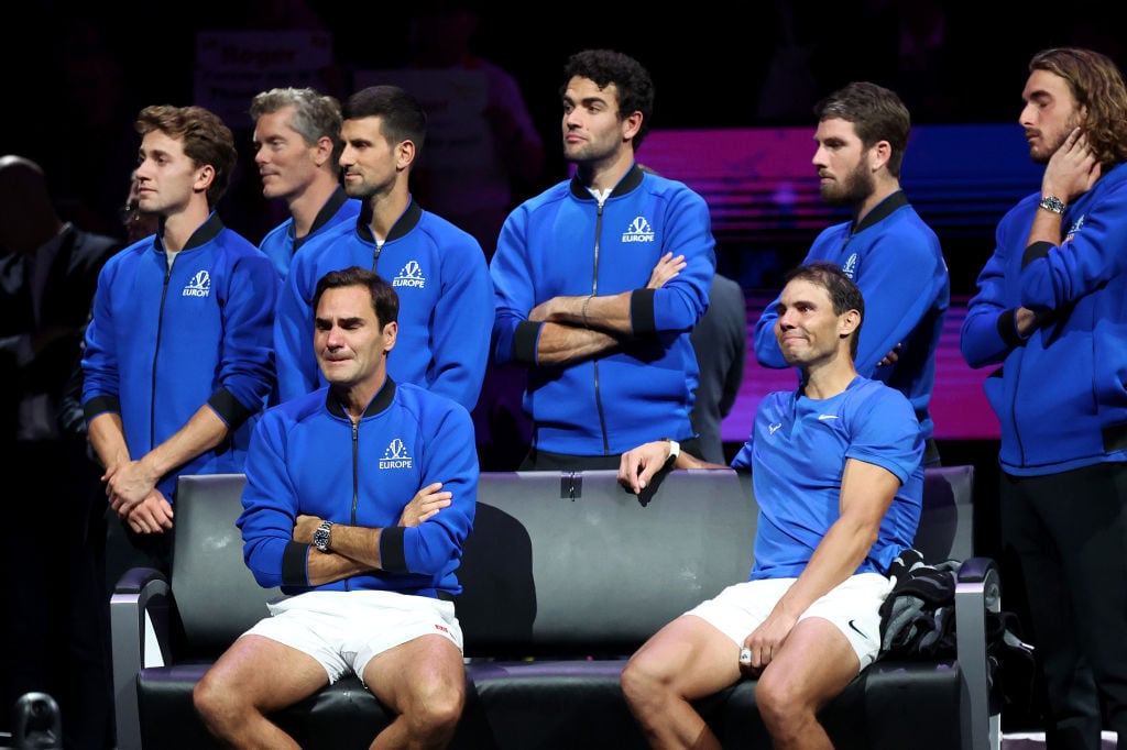 Roger Federer of Team Europe shows emotion alongside their team mates following their final match during Day One of the Laver Cup at The O2 Arena.