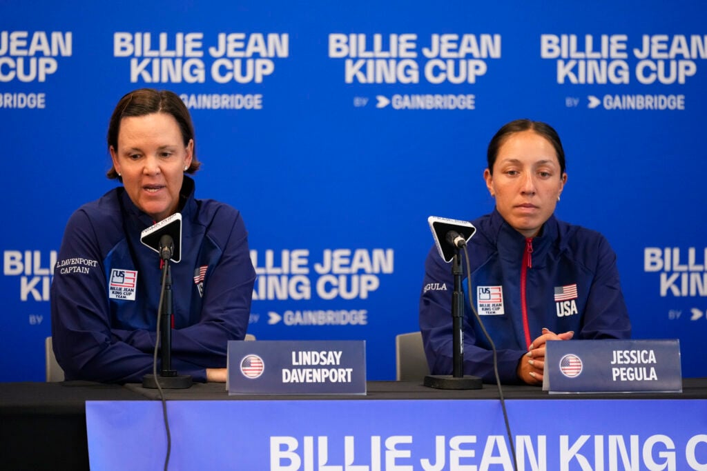 Lindsay Davenport and Jessica Pegula speak during a press conference at the Billie Jean King Cup Qualifier - USA v Belgium