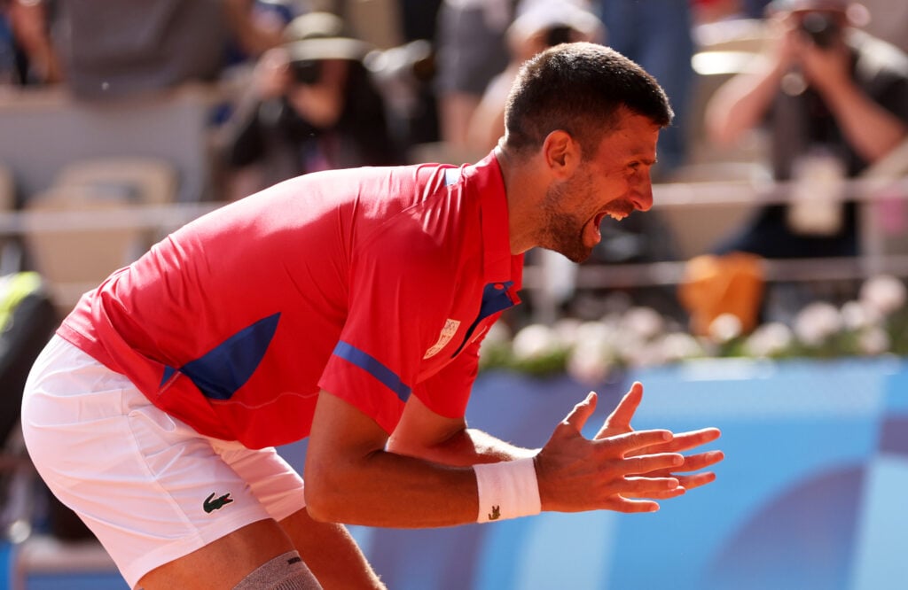 Novak Djokovic celebrates winning the gold medal at the 2024 Olympic Games in Paris.