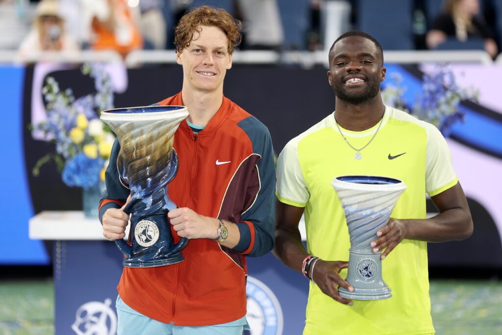 Frances Tiafoe and Jannik Sinner with their trophies after the 2024 Cincinnati Open final.