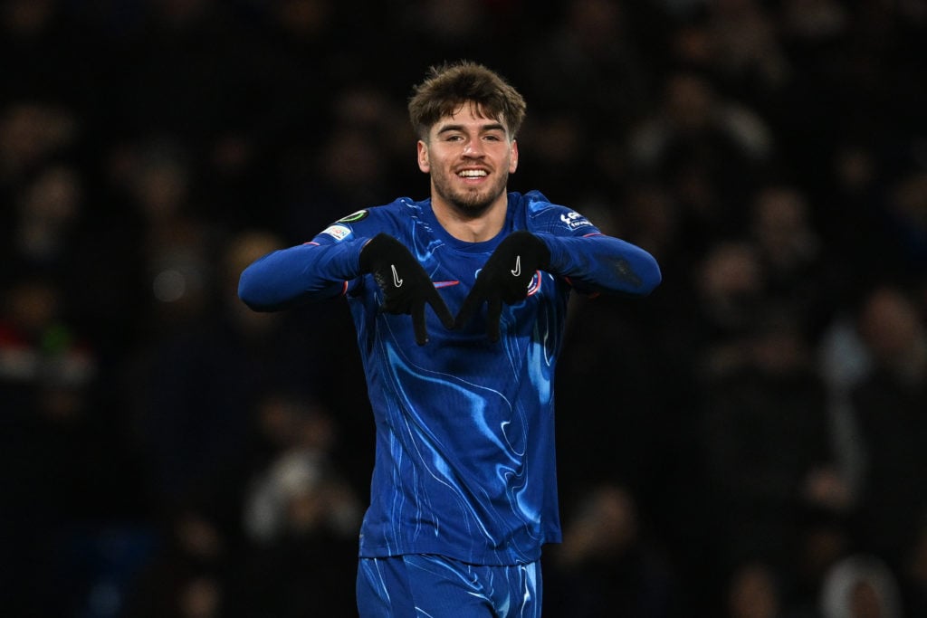 Marc Guiu of Chelsea celebrates scoring