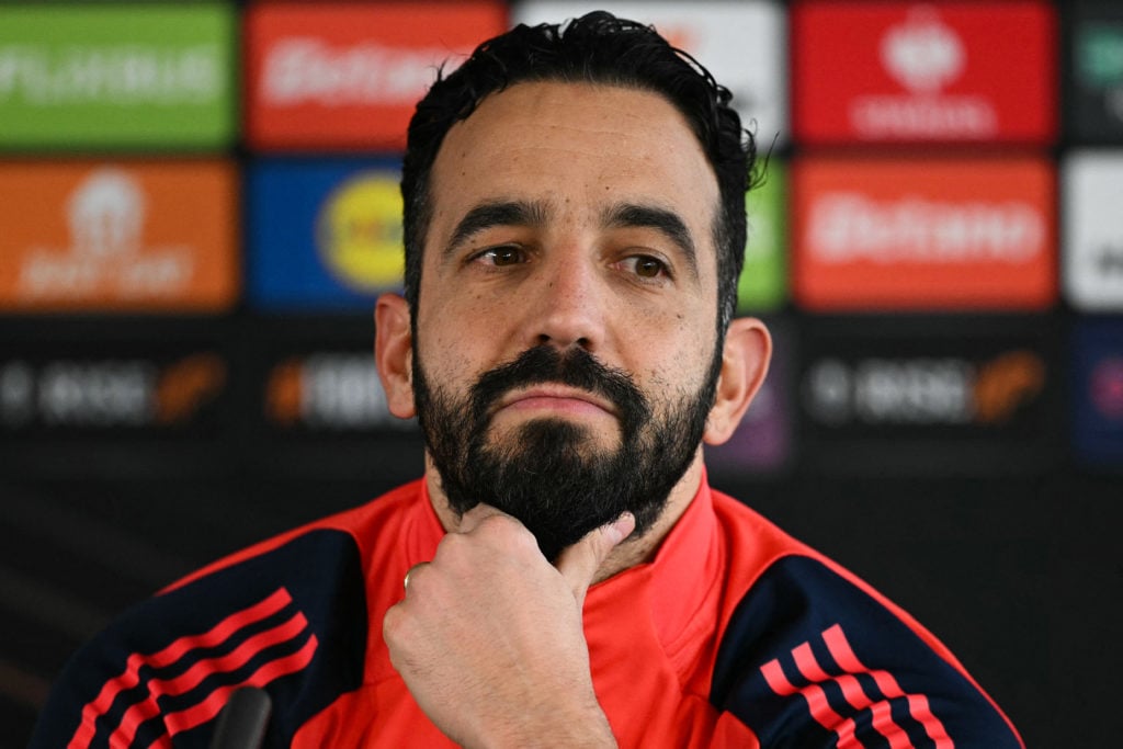 Manchester United manager Ruben Amorim reacts as he speaks during a press conference at the Carrington training complex in Manchester in 2025 ahead of the Europa league match against Rangers.