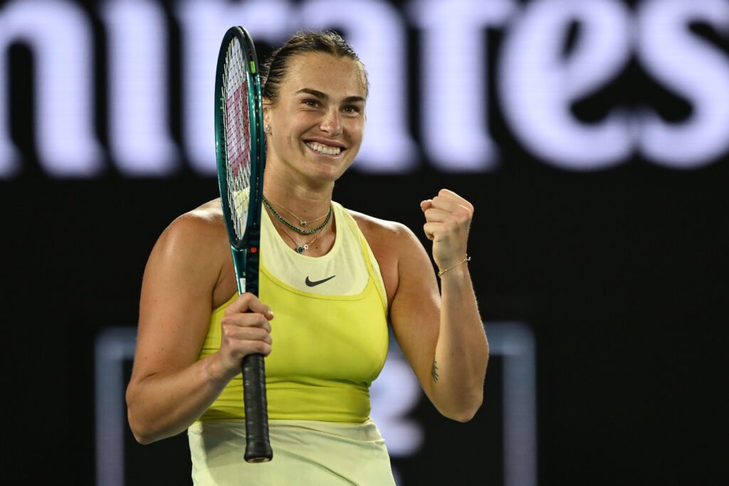 Aryna Sabalenka celebrates winning match point against Anastasia Pavlyuchenkova in the Women's Singles Quarterfinal during day 10 of the 2025 Australian Open at Melbourne Park on January 21, 2025 in Melbourne, Australia.