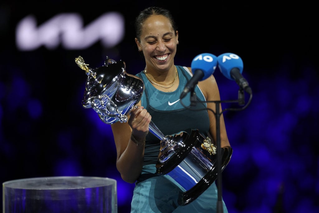 Madison Keys holds the Australian Open trophy after beating Aryna Sabalenka in the 2025 final