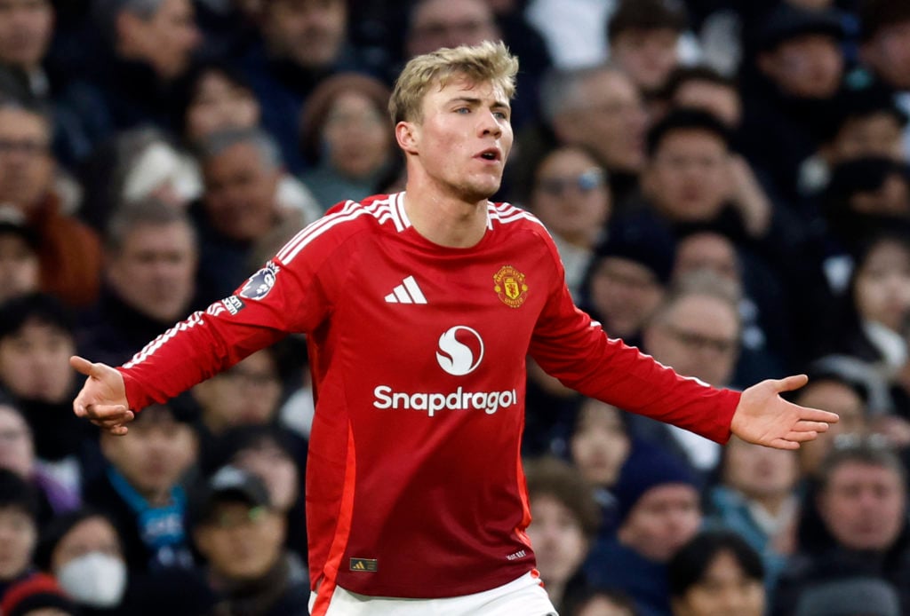 Rasmus Hojlund of Manchester United shouting during the Premier League match between Tottenham Hotspur FC and Manchester United FC at Tottenham Hotspur Stadium on February 16, 2025