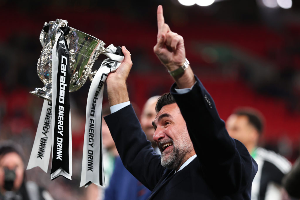 Yasir Al-Rumayyan celebrates after Newcastle United win the Carabao Cup