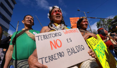 Waorani people protest against the oil tenders opened by the Ecuadorian Government on May 13 in Quito, Ecuador. Credit: Franklin Jacome/Agencia Press South via Getty Images