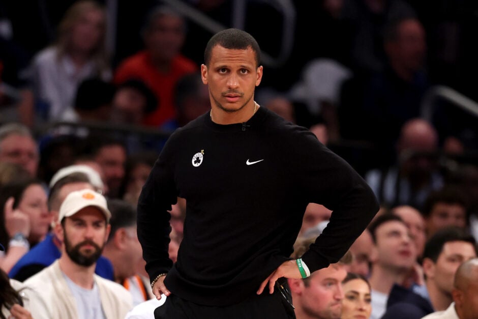 Head coach Joe Mazzulla of the Boston Celtics reacts against the New York Knicks during the second quarter in Game Three of the Eastern Conference Second Round NBA Playoffs at Madison Square Garden.