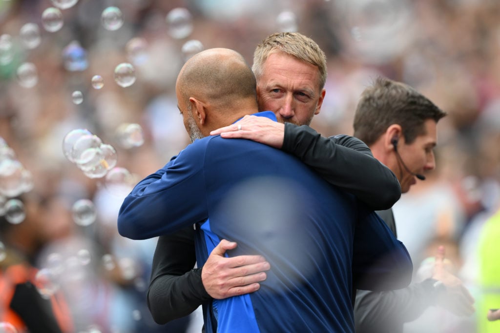 Nottingham Forest head coach Nuno Espirito Santo embraces Graham Potter, manager of West Ham United, during the Premier League match between the Hammers and Forest at the London Stadium on May 18, 2025