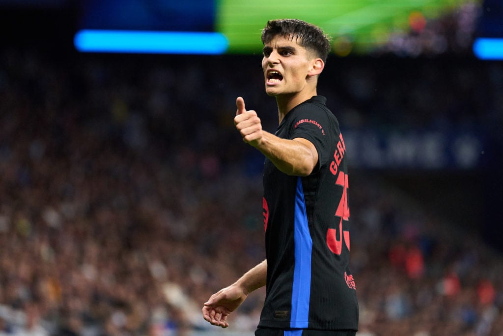 Gerard Martin of FC Barcelona reacts during the LaLiga match between RCD Espanyol de Barcelona and FC Barcelona