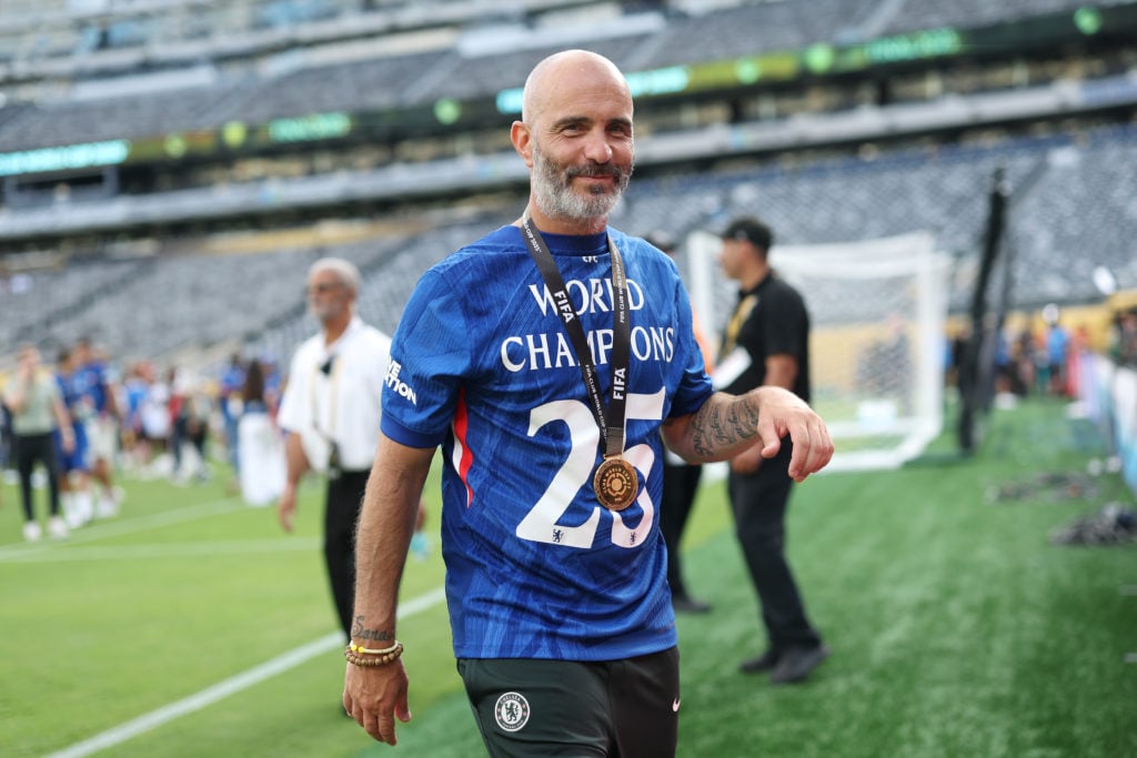 Enzo Maresca wearing his medal after Chelsea beat Paris Saint-Germain to win the Club World Cup.