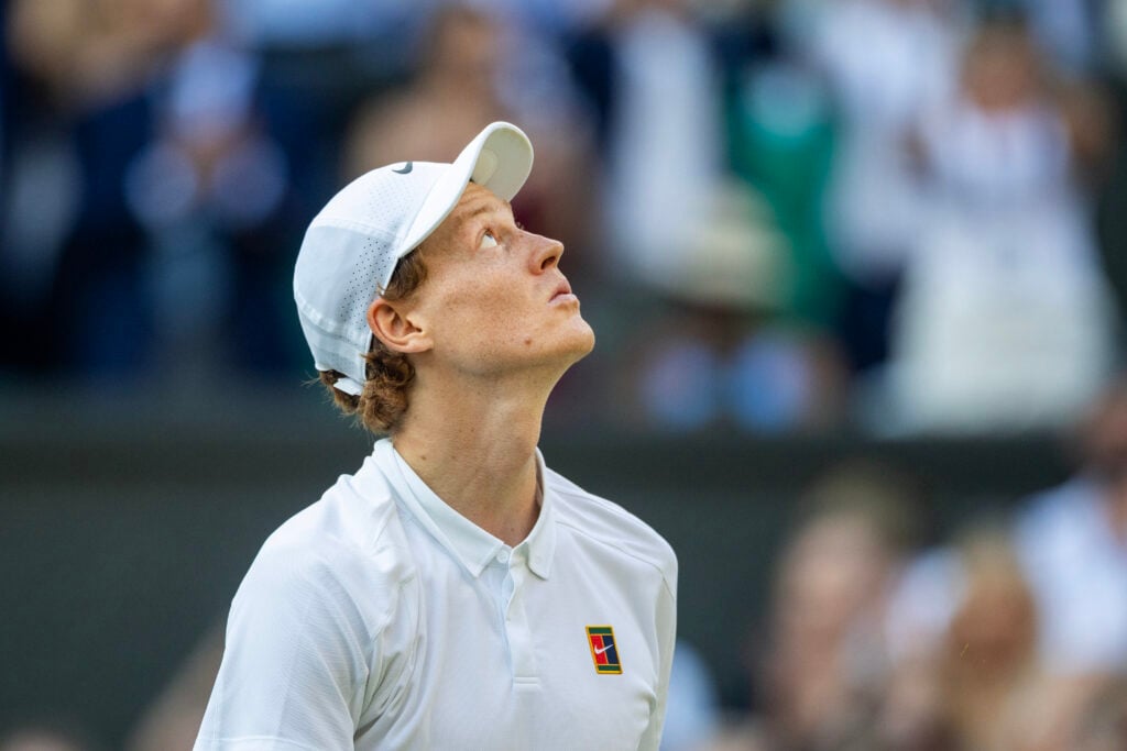 Jannik Sinner reacts during his 2025 Wimbledon final victory over Carlos Alcaraz