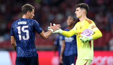 Jakub Kiwior of Arsenal shakes hands with teammate Kepa Arrizabalaga during the Pre-Season Friendly match between Arsenal FC and AC Milan at Nation...