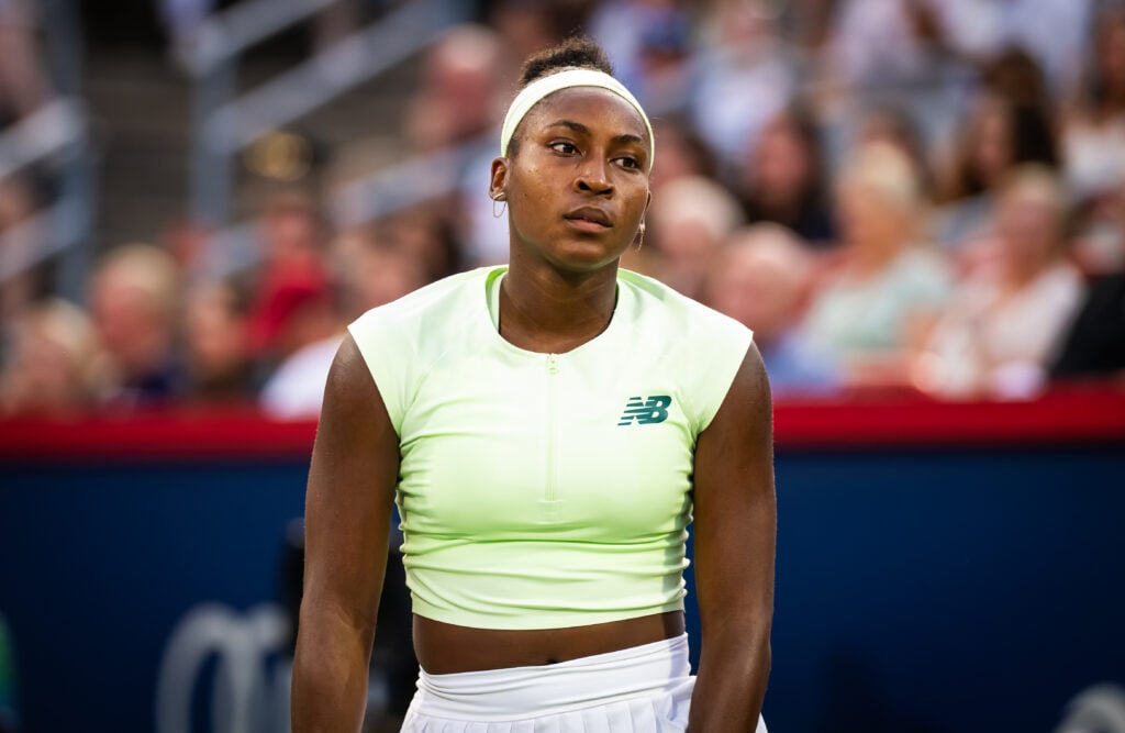 Coco Gauff of the United States in action against Danielle Collins of the United States in the second round on Day 3 of the National Bank Open at Stade IGA.