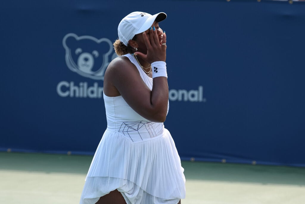 Taylor Townsend of the United States reacts against Leylah Fernandez of Canada during a women's singles match on day 5 of the Mubadala Citi DC Open 2025 at William H.G. FitzGerald Tennis Center.