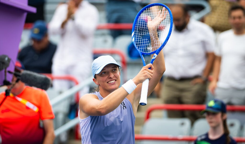 Iga Swiatek celebrates her second-round win at the 2025 Canadian Open