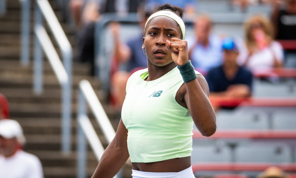 Coco Gauff celebrates at the Canadian Open.