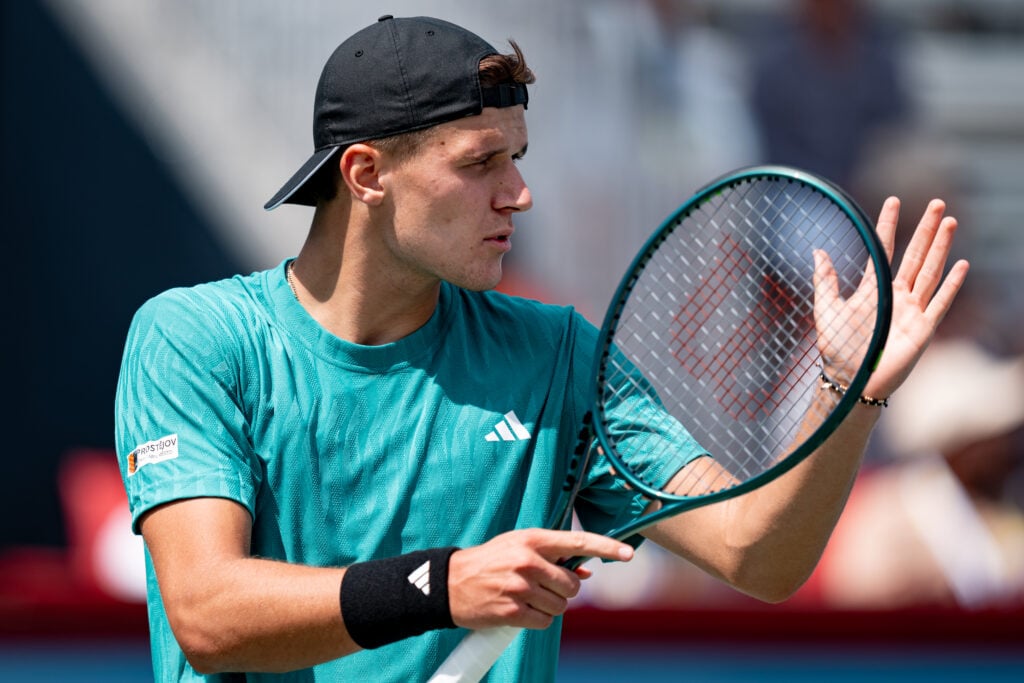 Jakub Mensik reacts during his third-round match at the 2025 Canadian Open