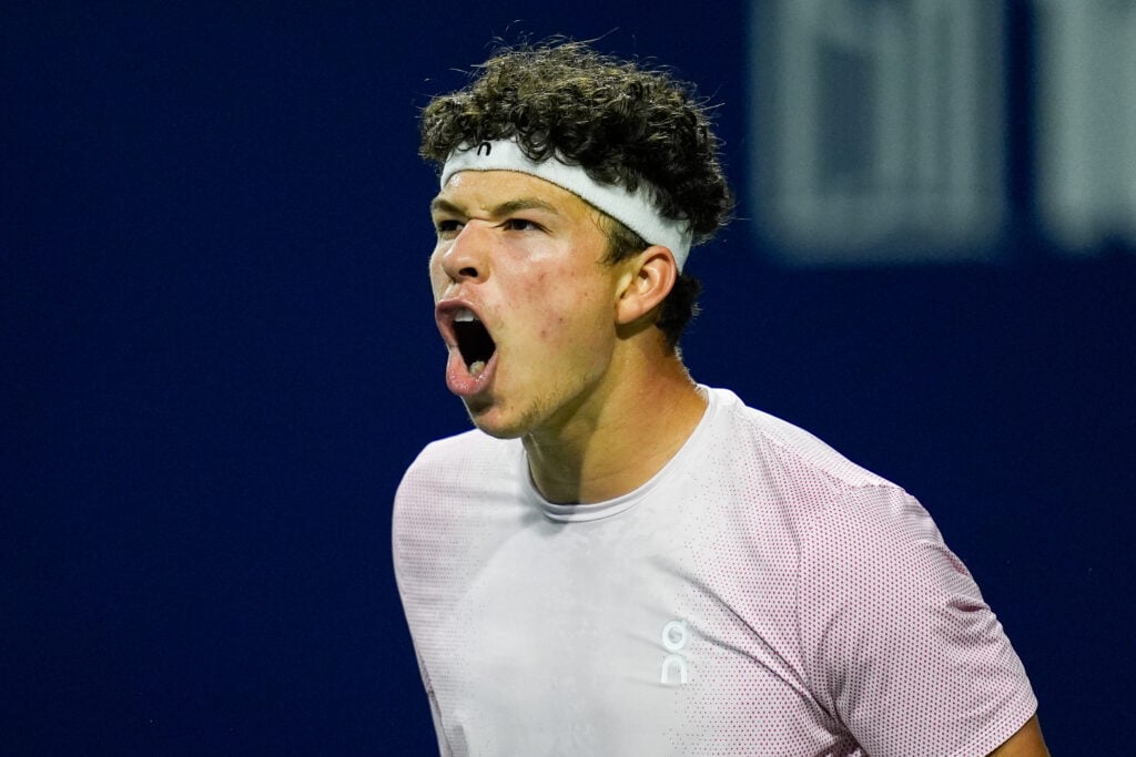 Ben Shelton celebrates during his quarterfinal win over Alex de Minaur at the 2025 Canadian Open