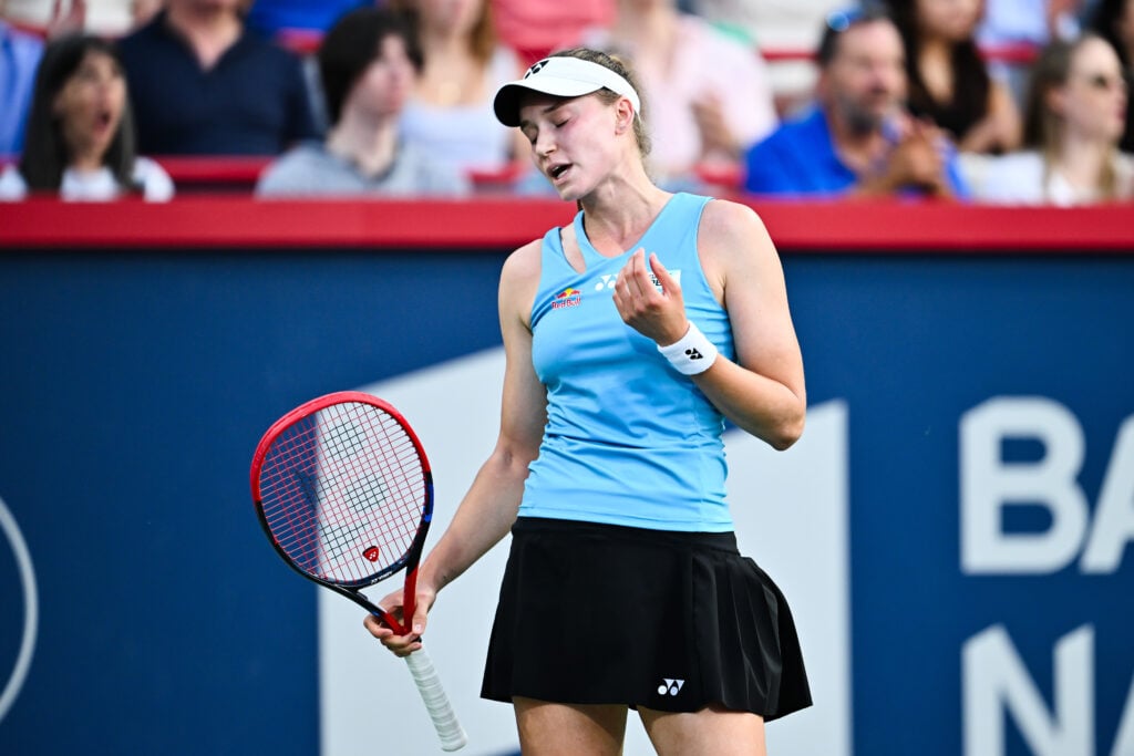 Elena Rybakina of Kazakhstan reacts after giving up a point against Victoria Mboko of Canada during their semifinal singles women's match on Day Eleven of the WTA 1000 National Bank Open at IGA Stadium.