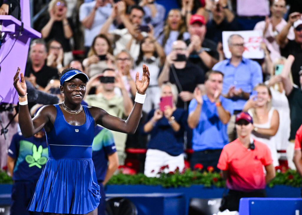 Victoria Mboko of Canada celebrates her victory against Elena Rybakina of Kazakhstan during their semifinal singles women's match on Day Eleven of the WTA 1000 National Bank Open at IGA Stadium on August 6, 2025 in Montreal, Quebec, Canada.