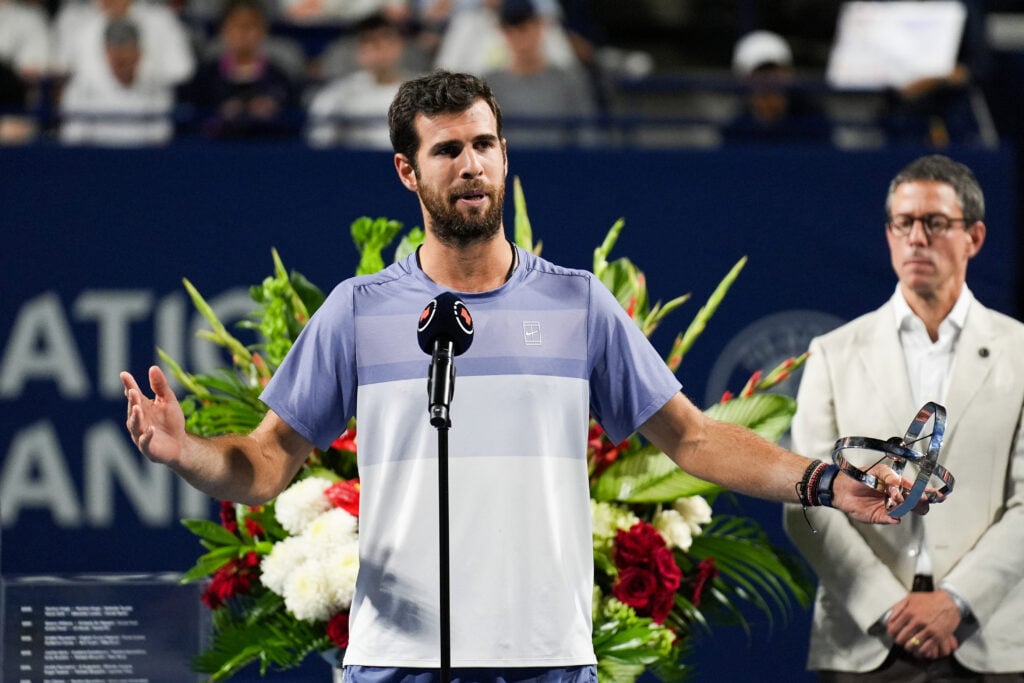 Karen Khachanov gestures during his runners-up speech at the 2025 Canadian Open